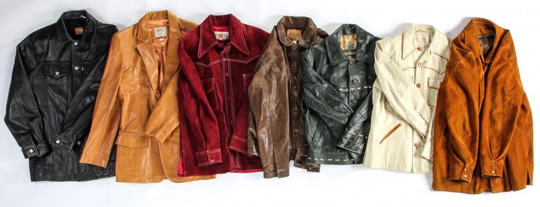 Collection of 7 Vintage Leather Jackets: Collection of 7 Vintage Leather Jackets. 1) Red - "Kantex", Size: 42, 2) Tan - "H Bar C", Size: 42L, 3) Black - "Levi's", Size: M, 4) Green - "Martin Bernard", Size: M, 5) Tan Suede - "Lee", Size: M,