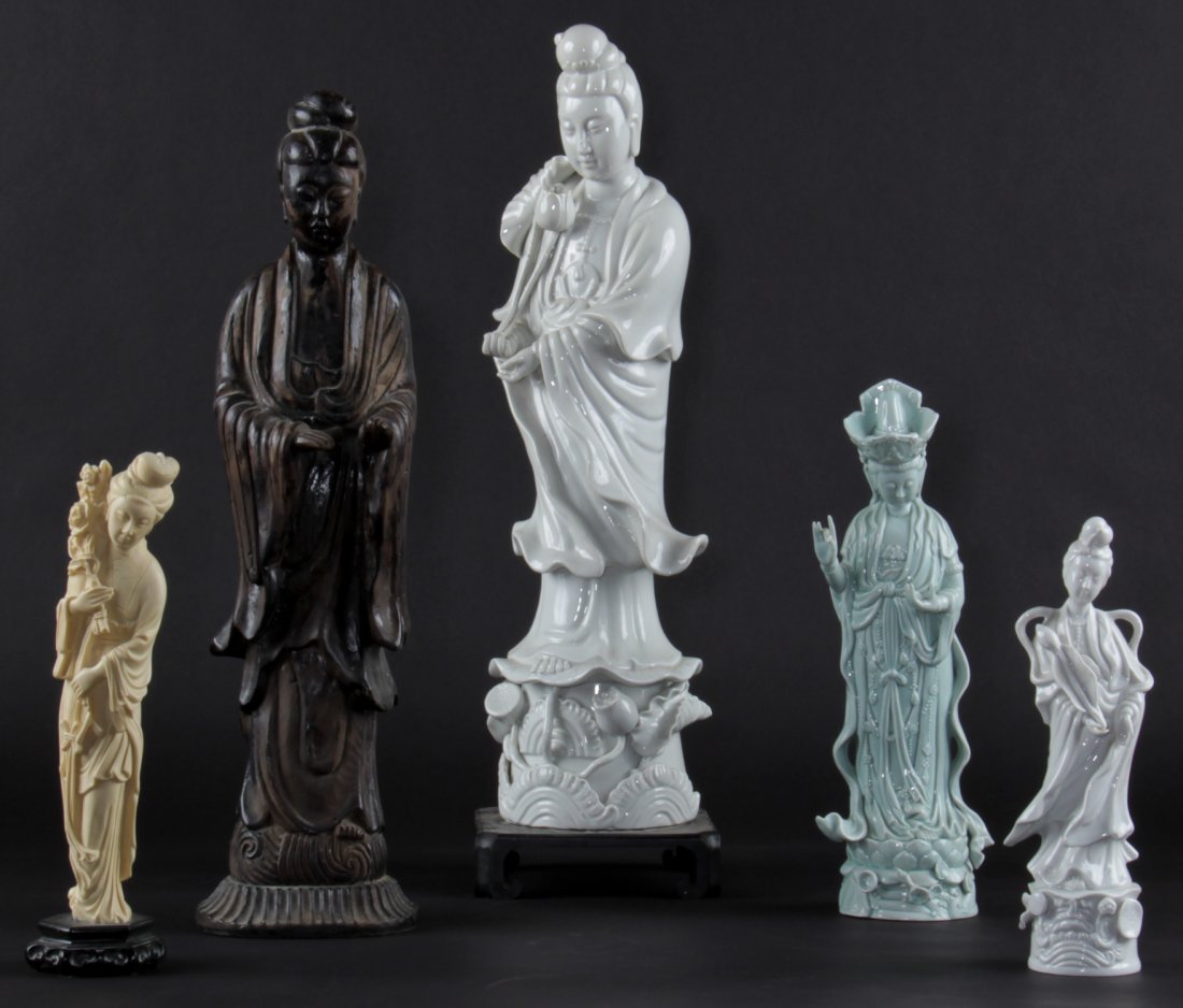 Decorator's Lot of 5 Asian Figures: Decorator's Lot of 5 Asian Figures. Four in ceramic or porcelain, and one in alabaster. Size: 26" x 7" x 8", 66 x 18 x 20 cm (Largest).