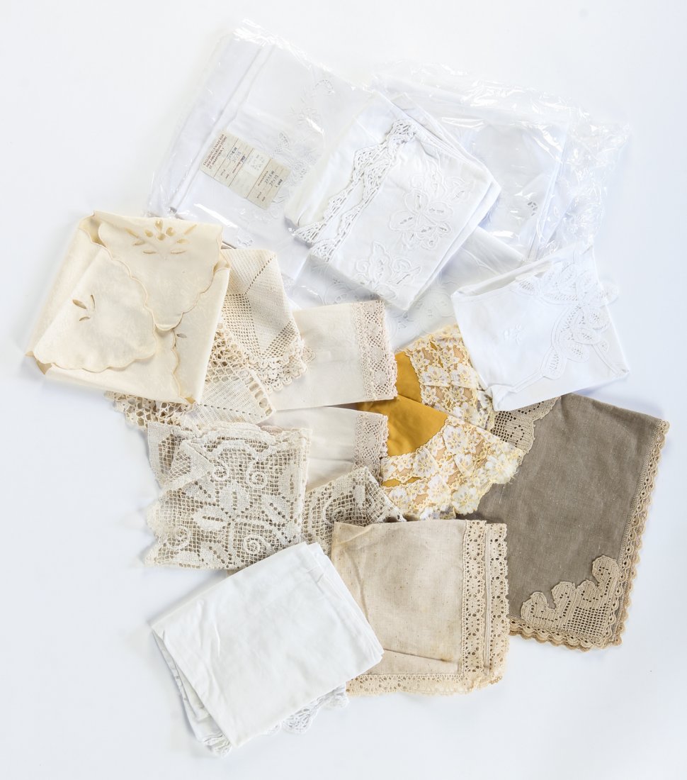 Estate Lot of Linen and Lace Textiles: Estate Lot of Linen and Lace Textiles. Ranging in size from 9" x 5" x 1", (23 x 13 x 3 cm) to 24" x 22" x 1", (61 x 56 x 3 cm).