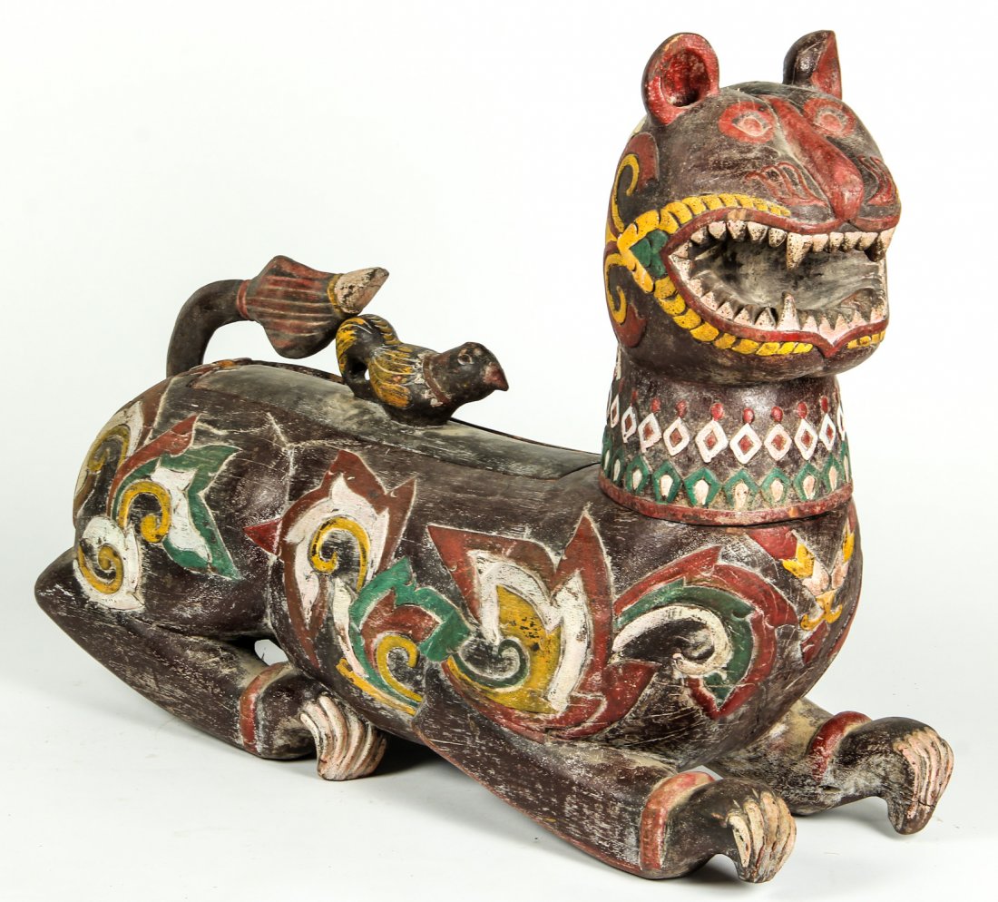Polychrome Carved Timber Feline and Bird Form Casket: Polychrome Carved Timber Feline and Bird Form Casket, early 20th c., possibly Indonesian. Size: 28" x 38" x 16" (71 x 97 x 41 cm).