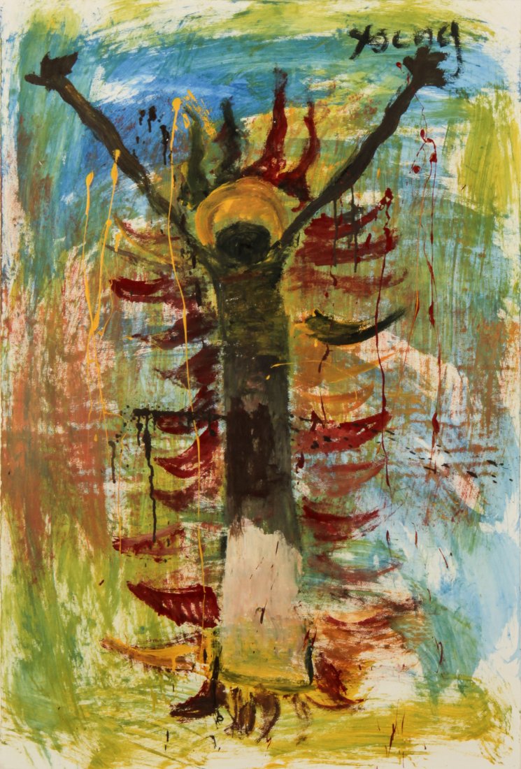 Purvis Young, Painting: Purvis Young (American, 1943-2010), Untitled (Outstretched Arms), circa 2000, mixed media on paper. Size: 45" x 30", 114 x 76 cm (paper), 56" x 41.5", 142 x 105 cm (frame).
