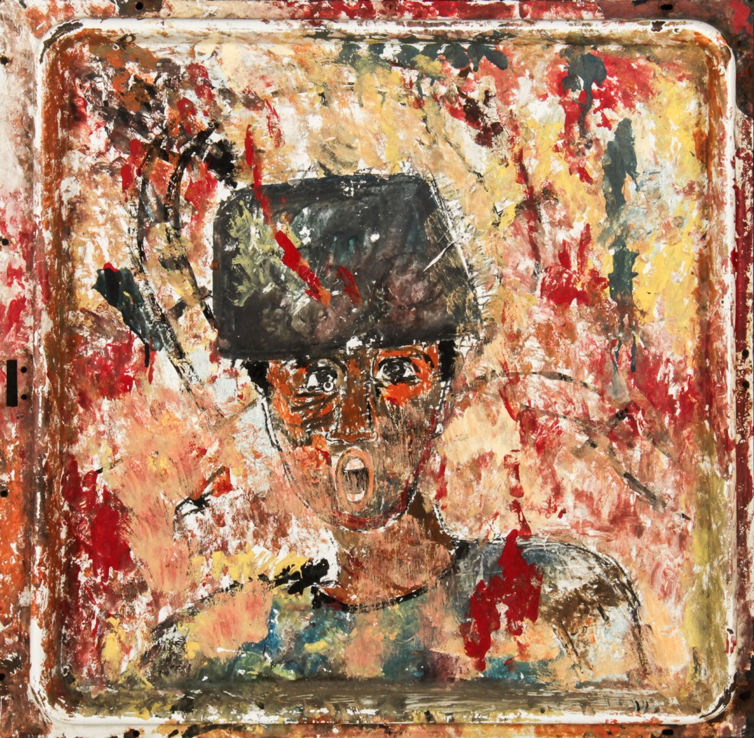 Purvis Young, Returning Soldier, 1973: Purvis Young (American, 1943-2010), "Returning Soldier", 1973, mixed media, paint on metal tray. Size: 23.5" x 24", 60 x 61 cm (metal), 27.5" x 28.25", 70 x 72 cm (frame).