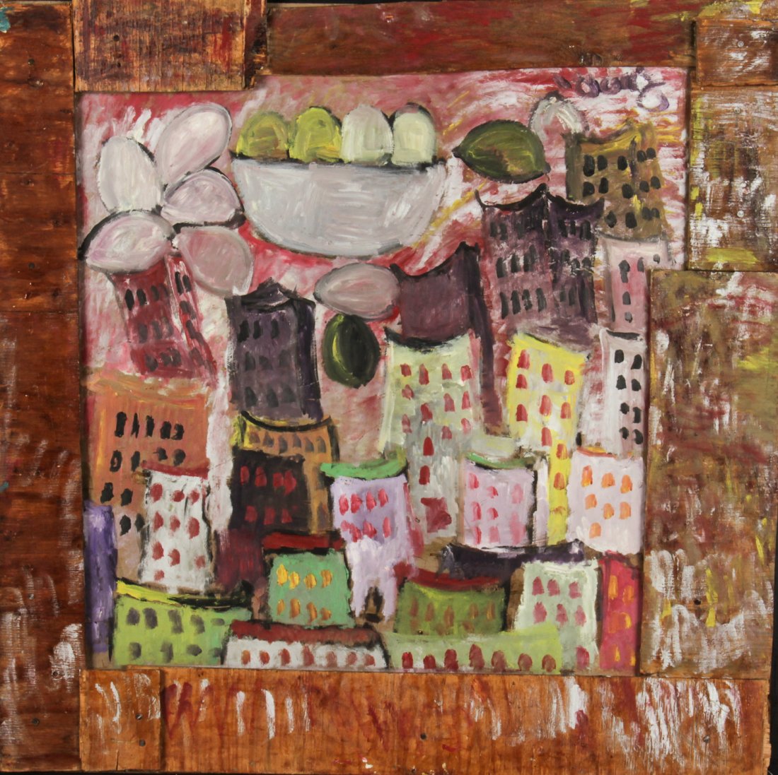 Purvis Young, Painting: Purvis Young (American, 1943-2010), Untitled (Cityscape with Fruit), 1980s, mixed media, house paint on wood assemblage. Size: 37.25" x 37.75", 95 x 96 cm (board), 40.5" x 41", 103 x 104 cm (frame).
