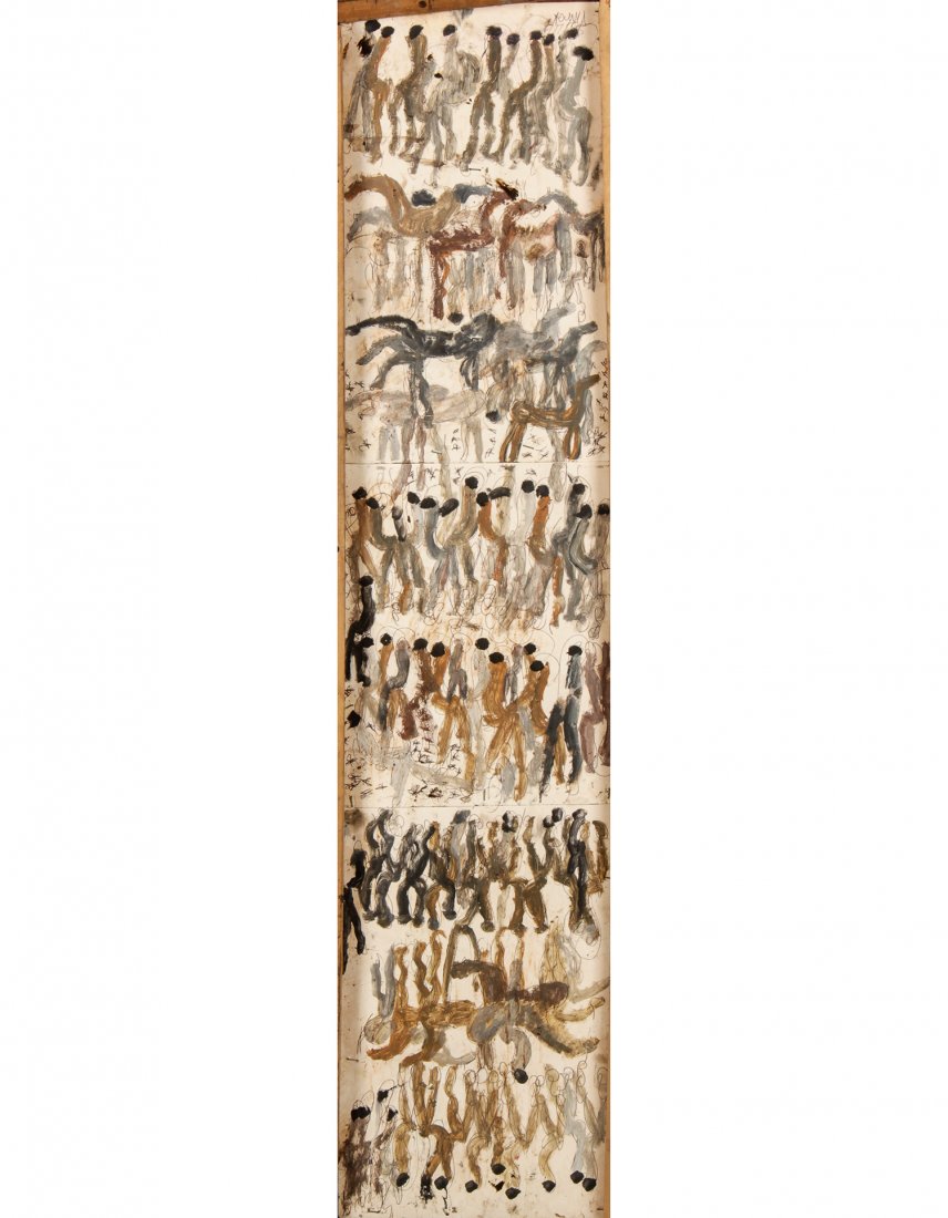 Purvis Young, Painting: Purvis Young (American, 1943-2010), Untitled (Figures), 1980s, mixed media, paint on found wood. Size: 50" x 12.25" (127 x 31 cm).