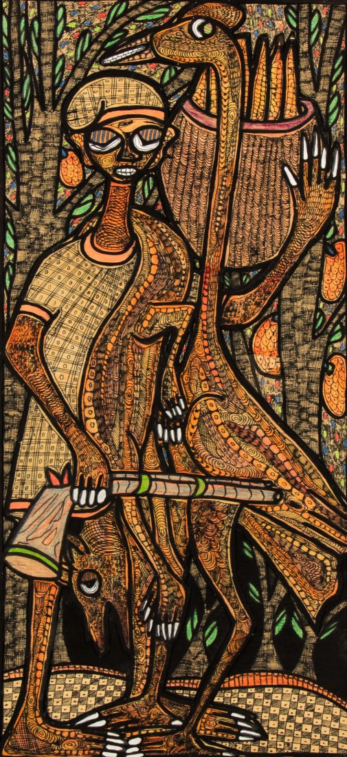 Prince Twins Seven Seven, The Hunter: Prince Twins Seven Seven (Nigerian, 1944-2011), "The Hunter", 2010, mixed media on board. Size: 44.5" x 20.5", 113 x 52 cm (sight); 48" x 24", 122 x 61 cm (frame).