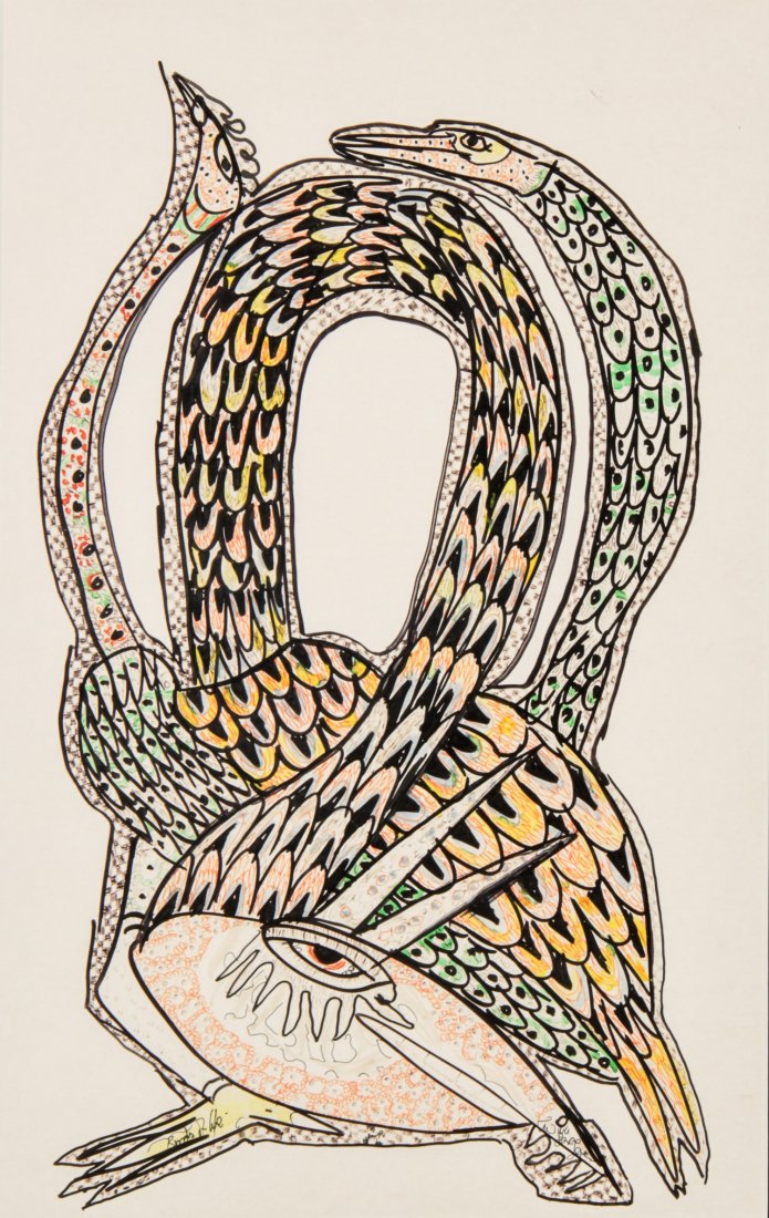Prince Twins Seven Seven, Snake Birds: Prince Twins Seven Seven (Nigerian, 1944-2011), "Snake Birds", ink drawing on paper, matted and framed under glass. Size: 21.5" x 13.5", 55 x 34 cm (sight), 28.5" x 20.5", 72 x 52 cm (frame).