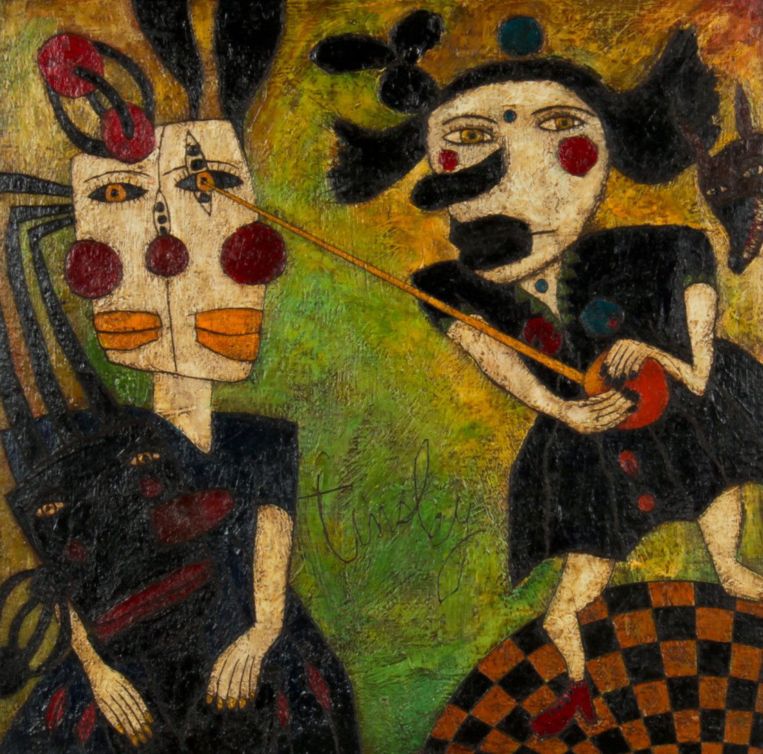 David Tinsley, Gut Reaction: David Tinsley (American, b. 1951), "Gut Reaction", acrylic painting on board, in a wood frame, signed. Size: 16" x 16", (41 x 41 cm).