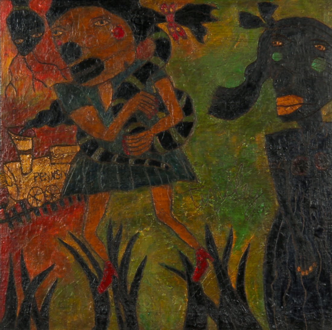 David Tinsley, Fighting Demons: David Tinsley (American, b. 1951), "Fighting Demons", acrylic painting on board, in a wood frame, signed. Size: 16" x 16", (41 x 41 cm).