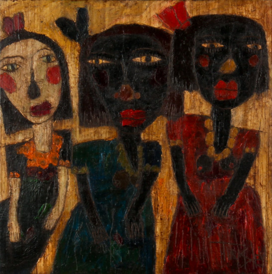 David Tinsley, Girls Nite Out: David Tinsley (American, b. 1951), "Girls Nite Out", acrylic painting on board, in a wood frame, signed. Size: 16" x 16", (41 x 41 cm).