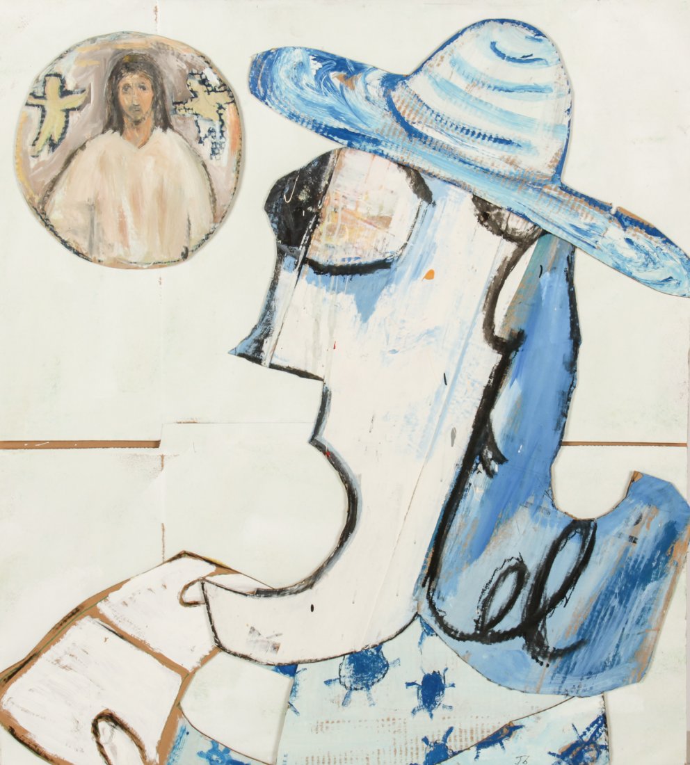 Jim Bloom, Mixed Media Assemblage: Jim Bloom (American, b. 1968), Untitled (Depiction of wide-eyed devotee witnessing a vision of Jesus), mixed media assemblage, painted cardboard cutouts applied to a folded cardboard box. Size: 43" x