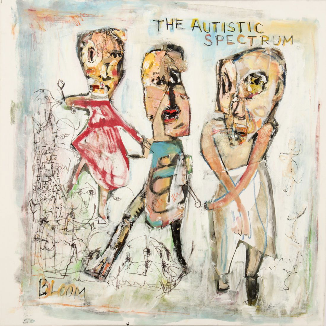Jim Bloom, Painting: Jim Bloom (American, b. 1968), "The Autistic Spectrum", mixed media, cardboard, newsprint, and latex gloves on canvas. Size: 47.5" x 47.5", 121 x 121 cm (stretcher).