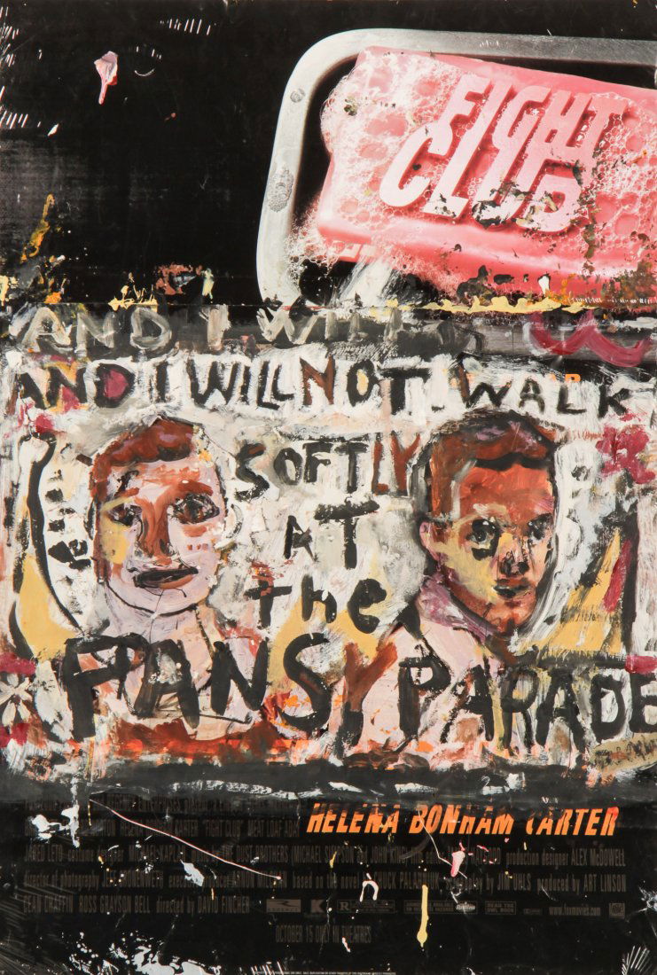 Jim Bloom, And I Will Not Walk Softly...: Jim Bloom (American, b. 1968), "And I Will Not Walk Softly Against the Pansy Parade", painting over cinema poster. Size: 40" x 27" (102 x 69 cm).