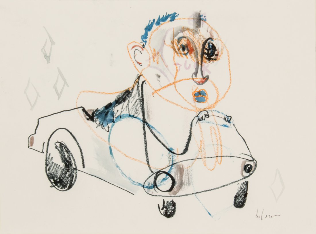 Jim Bloom, Drawing: Jim Bloom (American, b. 1968), Untitled (Man in Car), mixed media drawing on paper. Size: 12" x 16" (30 x 41 cm).