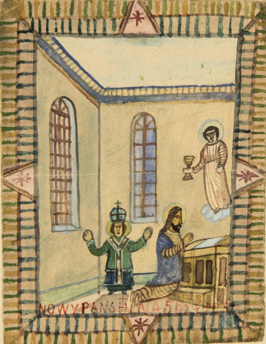 Nikifor Krynicki, Drawing: Nikifor Krynicki (Polish, 1895-1968), Interior Scene with Saint and Jesus, mixed media drawing, in a Heydenryk frame. 8' x 6", 20 x 15 cm (image), 16" x 14", 41 x 36 cm (frame). Provenance: Dr. Havlor