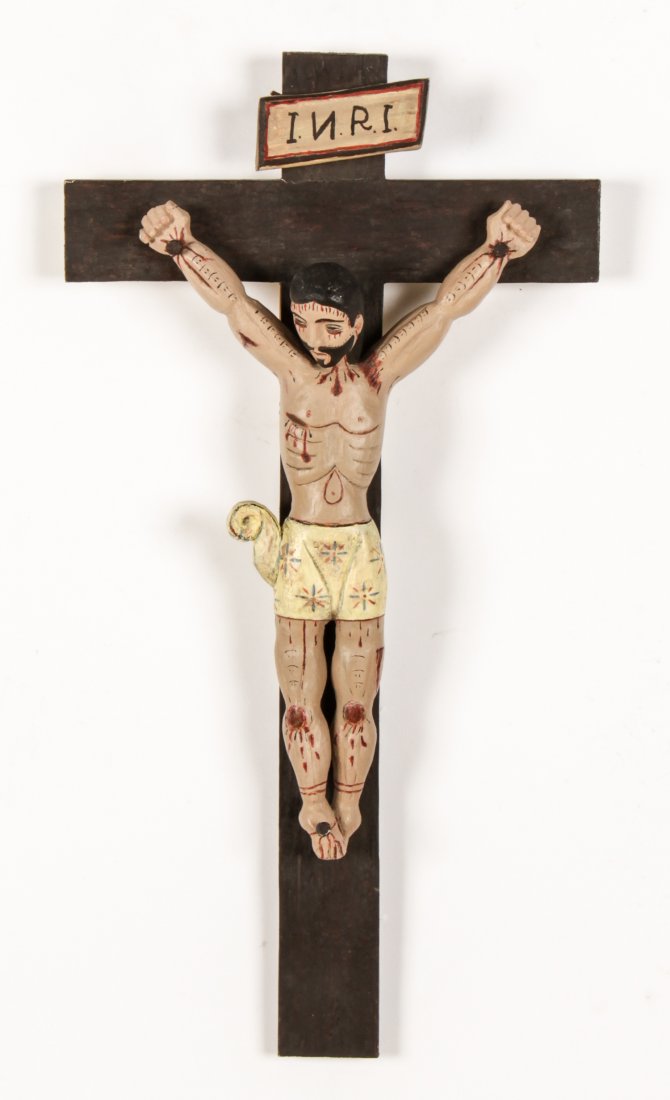 Felix Lopez, Crucifix: Felix Lopez (America/New Mexico, b. 1942), "Christ on Cross", 1981, carved and painted wood. Size: 25" x 13" (64 x 33 cm). Note: Felix A. Lopez is considered a Master Santero (Saint Maker). Provenance