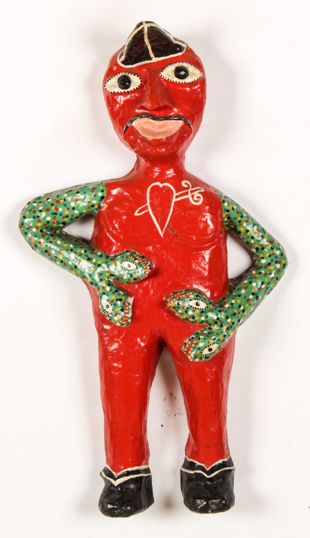Didier Civil Sculpture: Didier Civil (Haitian, 20th c.), Horned Man with Snake Arms, papier mache and paint sculpture. Size: 30" x 17" x 6" (76 x 43 x 15 cm).