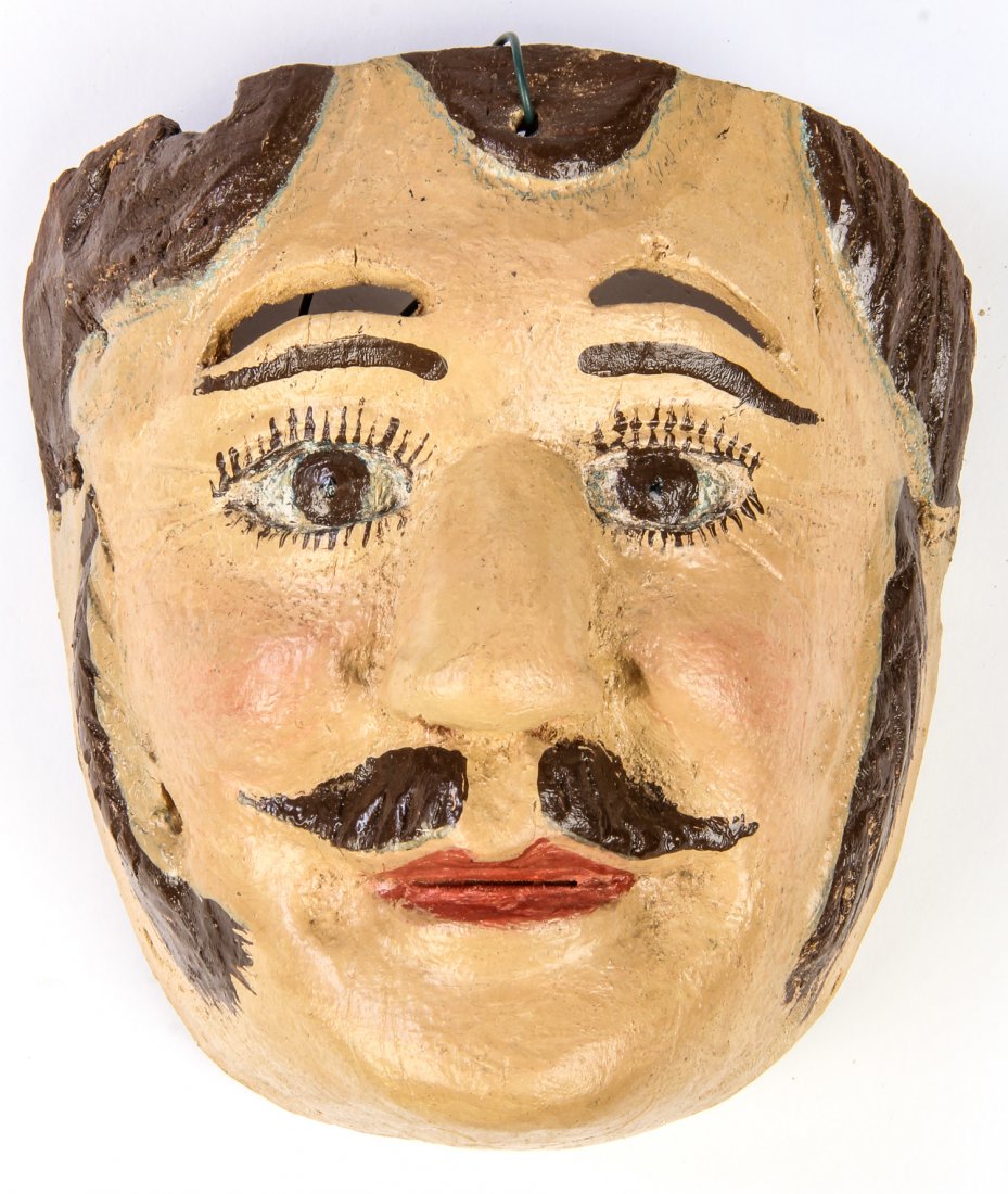 Mexican Folk Art Viejo Mask by Don Benjamin Campos: Mexican Folk Art Viejo Mask by Don Benjamin Campos (Michoacan, Mexico), carved and painted wood. Signed. Circa 1980. Size: 6" x 6" x 3.5".