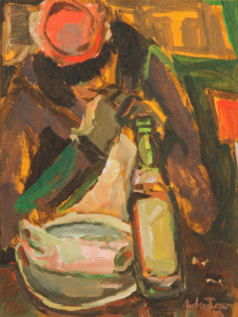 Andrew Turner, Pig's Foot and a Bottle of Beer: Andrew Turner (American, 1944-2001), "Pig's Foot and a Bottle of Beer", oil on board, 1983. Size: 15.75" x 11.75", 40 x 30 cm (sight); 22.5" x 18.25", 57 x 46 cm (frame). Provenance: The Estate of Aar