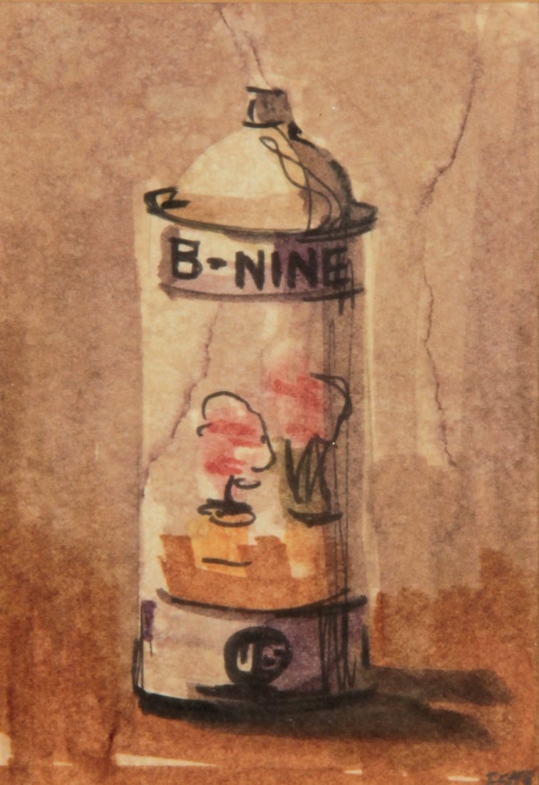 Richard Estes, Early Work on Paper: Richard Estes (American b. 1932), Untitled (B-Nine Spray Paint Can), ink on paper, signed "ESTES". Size: 5" x 3.5", 13 x 9 cm (sight); 15.25" x 11.25", 39 x 29 cm (frame). Provenance: The Estate of Aa