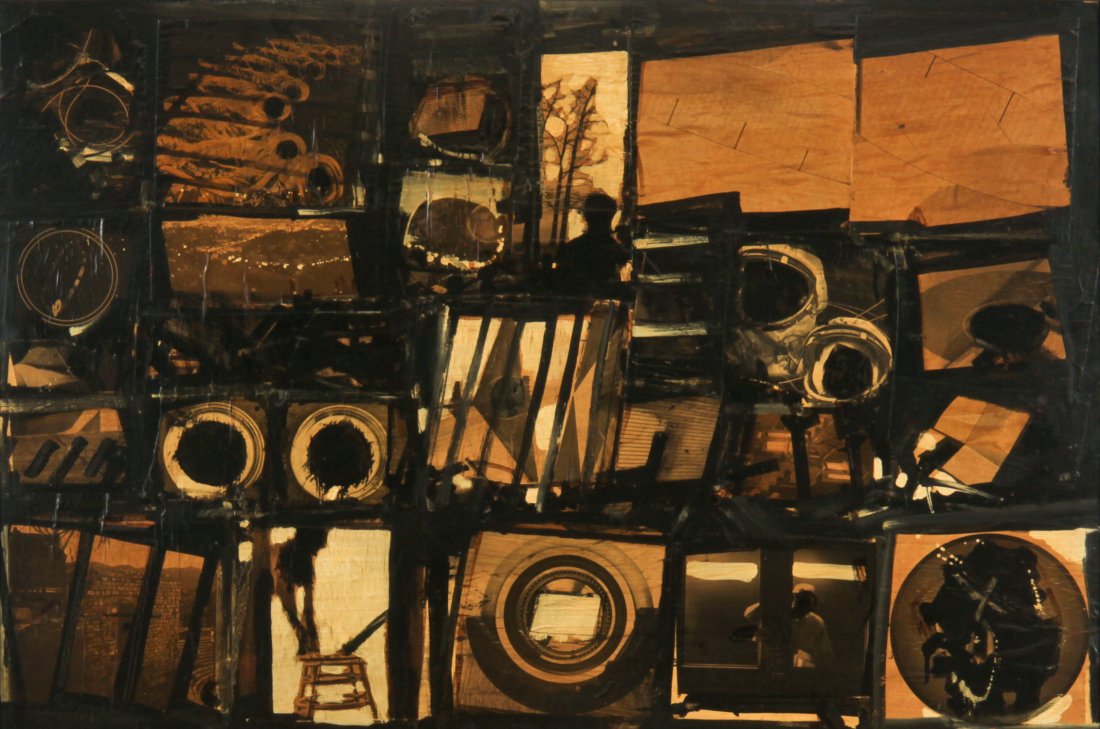 John Philip Hultberg, Abstract Painting: John Philip Hultberg (American Abstract Expressionist, 1922-2005), "Collage #7", 1963, mixed media collage and paint on board. Size: 27" x 40", 69 x 107 cm (board); 27.5" x 41", 70 x 104 cm (frame). P