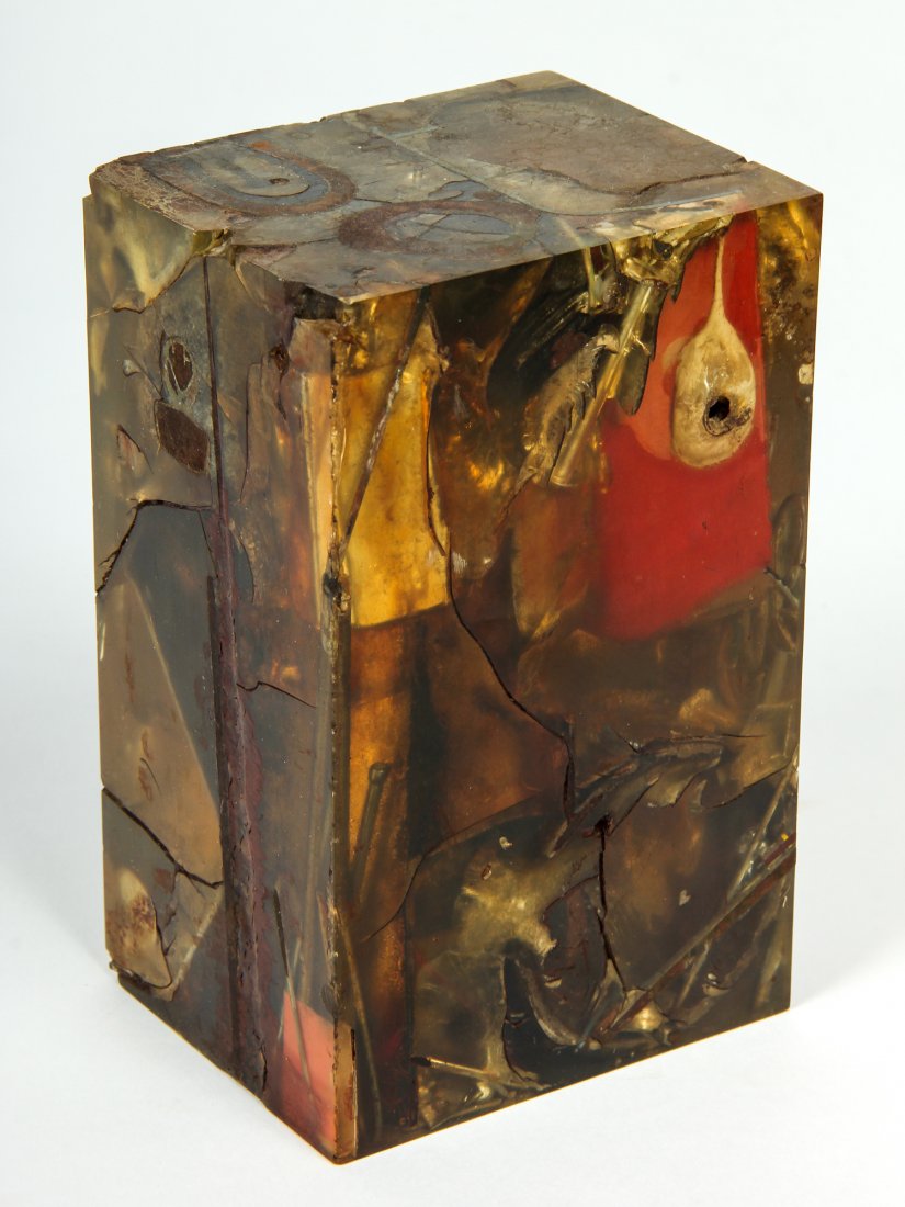 Luis Perelman, Assemblage Sculpture: Luis Perelman (American, 20th c.), "Industrial Petrifaction", assemblage sculpture, mixed media. Size: 6.5" x 4" x 3.5" (17 x 10 x 9 cm). Provenance: Leo Castelli Gallery, NY (purchased at the gallery