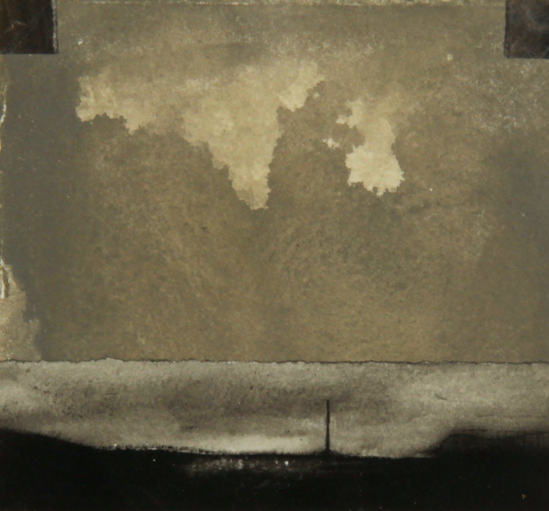 Dozier Bell Work on Paper: Dozier Bell (American, b. 1957), Untitled (Abstract Skyline), mixed media on paper. Size: 10.25" x 10.5", 26 x 27 cm (frame), 5.25" x 5.5", 13 x 14 cm (sight). Provenance: The Estate of Aaron Fine, Sw