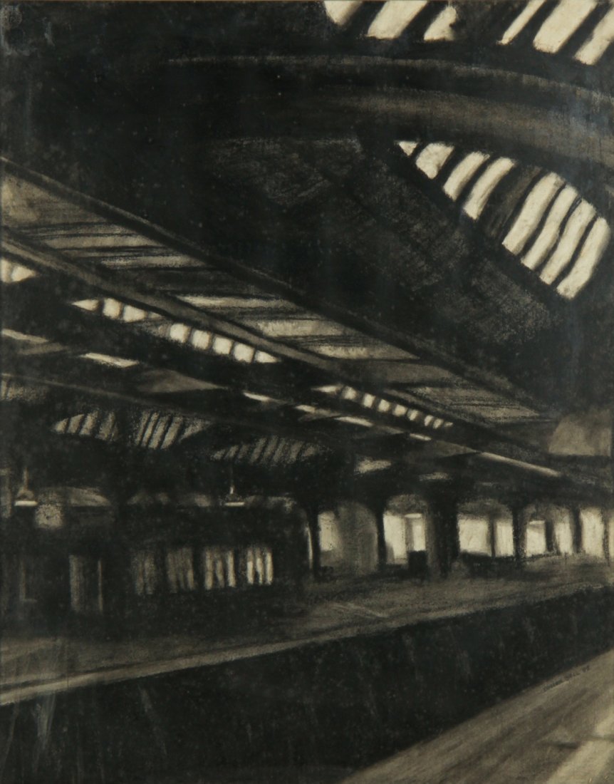 Dozier Bell, 30th Street Station: Dozier Bell (American, b. 1957), "30th Street Station" (Philadelphia), charcoal drawing on paper. Size: 28.5" x 22.5", 73 x 57 cm (sight); 29.25" x 23.25", 74 x 59 cm (frame). Provenance: The Estate o