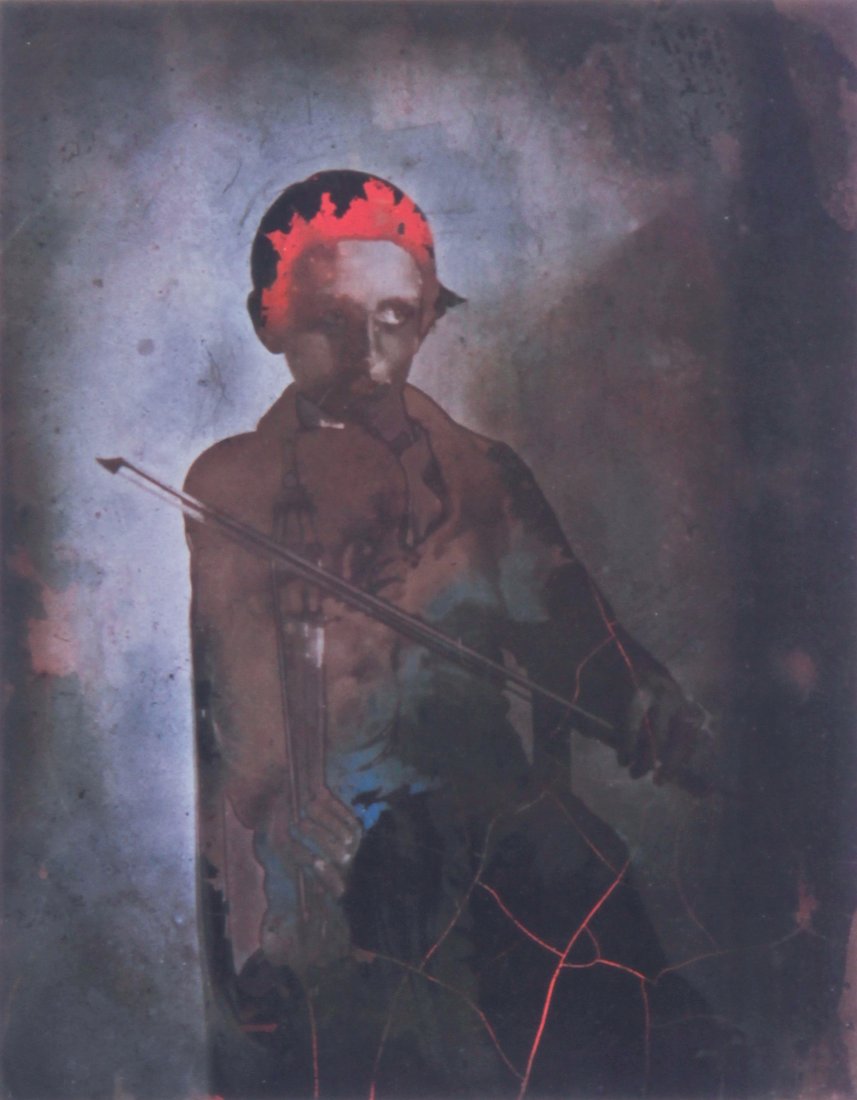 Rosamond Wolff Purcell, Boy with Violin: Rosamond Wolff Purcell (American, b. 1942), "Boy with Violin", 1980, dye transfer photograph from an original Polacolor print. Size: 7.25" x 9.25", (sight); 17.25" x 14.25", 44 x 36 cm (frame). Proven