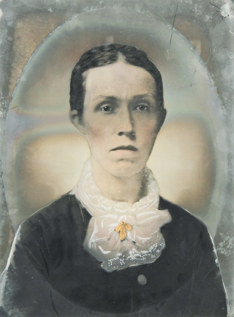19th c. Hand-Colored Photographic Tintype: 19th c. Hand-Colored Photographic Tintype Portrait by Mel Cress. Size: 11.25" x 8.5", 29 x 22 cm (sight); 17" x 13.5", 43 x 34 cm (frame). Provenance: The Estate of Aaron Fine, Swarthmore, PA.
