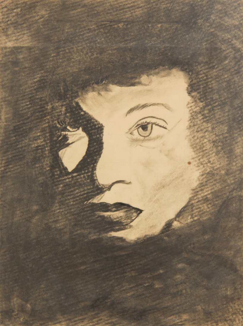 Charcoal Portrait of Marlene Dietrich: Unknown Artist (20th c.), Portrait of Marlene Dietrich, charcoal drawing on paper. Size: 32.5" x 27", 83 x 69 cm (frame), 24" x 18", 61 x 46 cm (sight). Provenance: The Estate of Aaron Fine, Swarthmor