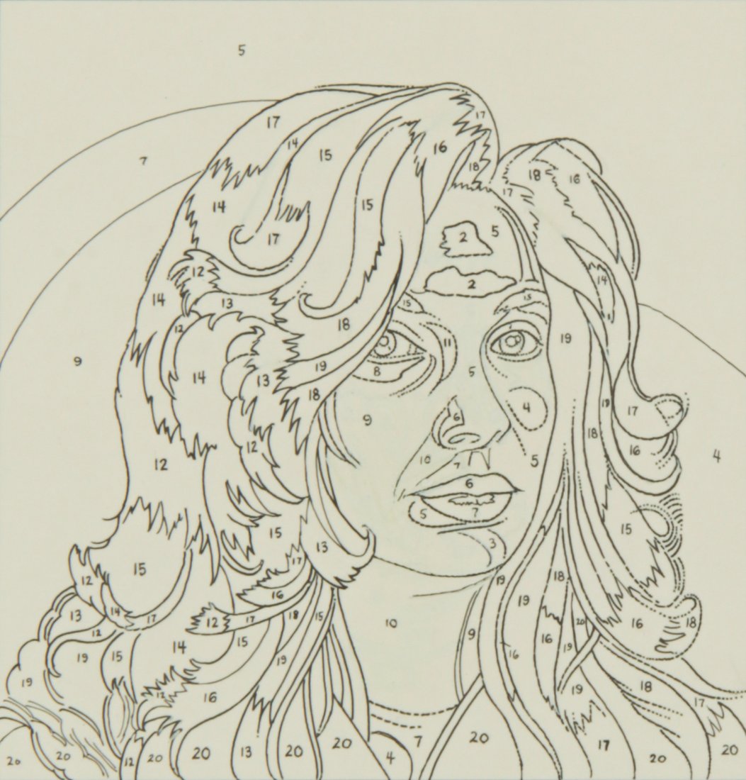 Rosemary Webber, Sherrie Levine, 1989: Rosemary Webber (American, 20th c.), "Sherrie Levine (Paint by Numbers)", 1989, ink drawing. Size: 13.25" x 11.75", 34 x 30 (frame). 7.25" x 7", 18 x 18 cm (sight). Provenance: The New Yorker Magazine