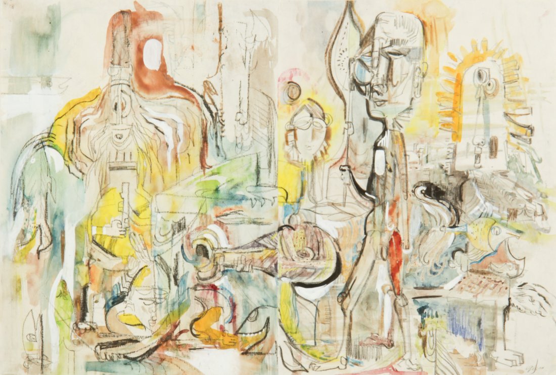 Elizabeth Gibson, Abstract Drawing: Elizabeth Gibson (American, 20th c.) Untitled (Abstract Figures), mixed media drawing on paper. Size: 16" x 24", 41 x 61 cm (sight); 22" x 29.75", 56 x 76 cm (frame). Provenance: The Estate of Aaron F