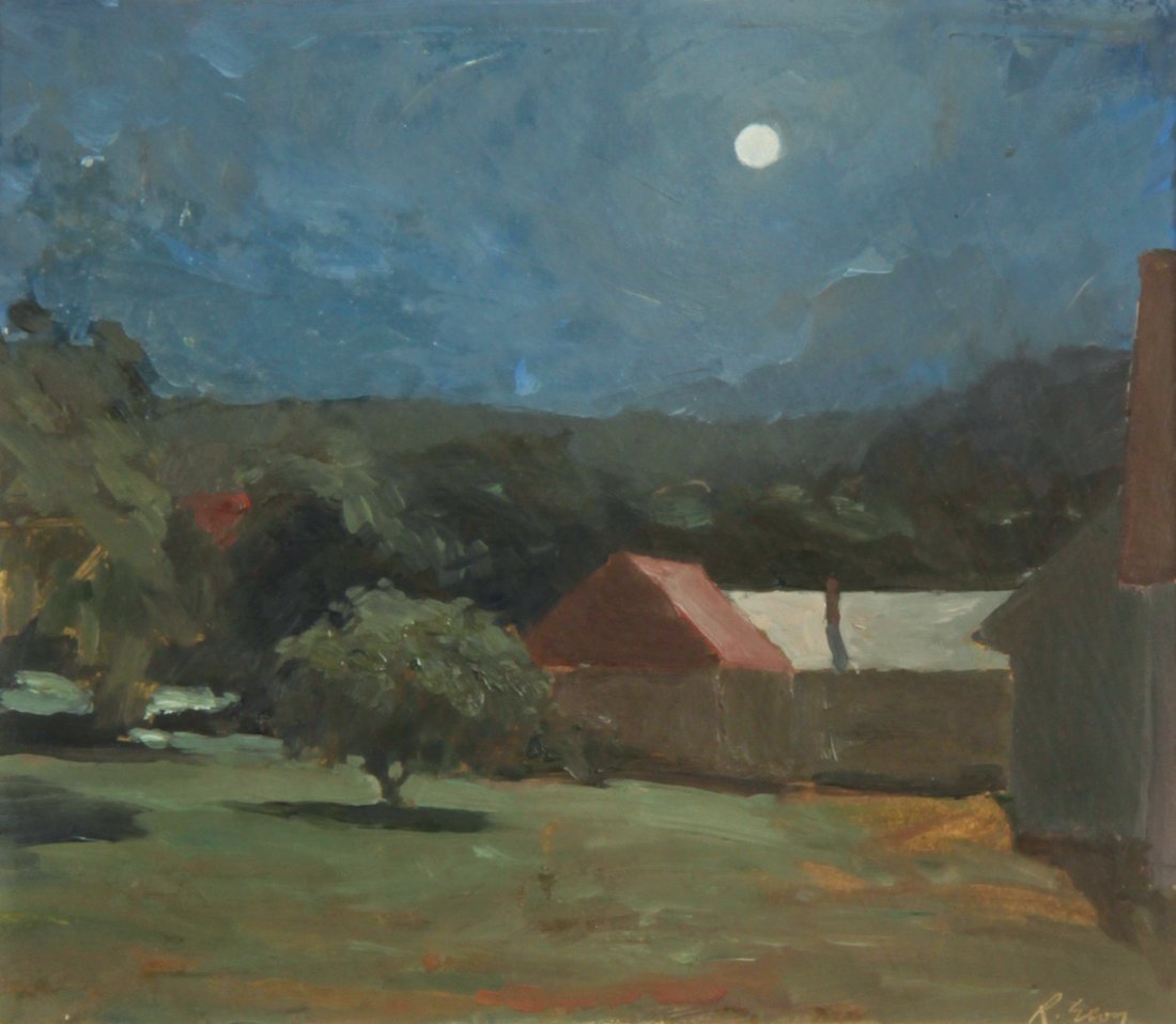 Randall Exon, The Brick Yard: Randall Exon (American, b. 1956), "The Brick Yard (Under the Moonlight)", paint on paper. Size: 19" x 16", 48 x 41 cm (frame), 6.75" x 7.75", 17 x 20 cm (sight). Provenance: The Estate of Aaron Fine, 