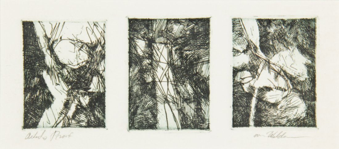 Dan Welden, Triptych Etching: Dan Welden (American, 20th c.), Triptych, etching, artist proof, inscribed: "To Dan Flavin". Size: 11.25" x 14.25", 29 x 36 cm (frame), 3.25" x 7.5", 8 x 19 cm (sight). Provenance: The Estate of Aaron