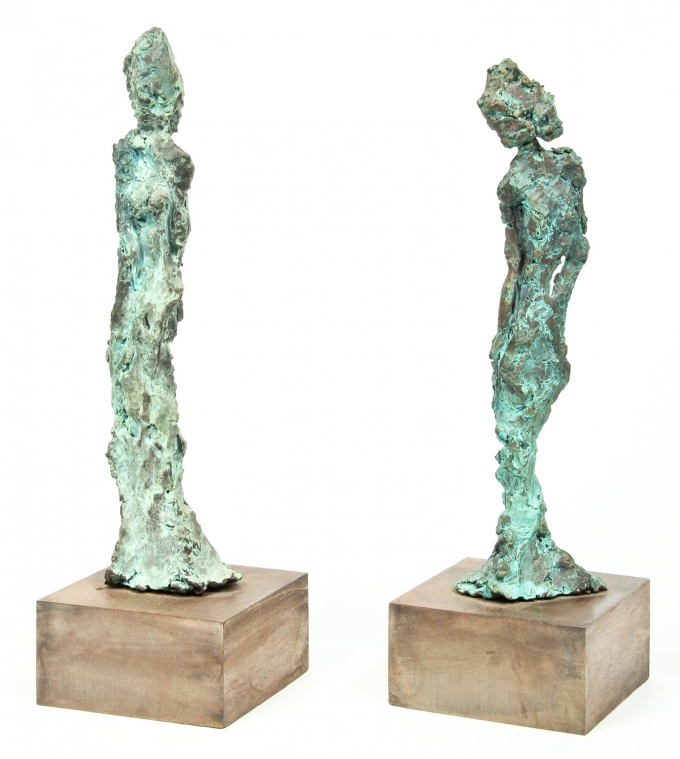 Jesse Amar, Pair of Bronze Sculptures: Jesse Amar (American, 20th c.), Pair of Bronze Sculptures of Female Forms: 1) "Woman VI", 3/90. Size: 11.5" x 3.5" x 3.5", 29 x 9 x 9 cm (with base); 2) "Woman II", 3/90. Size: 11" x 3.5" x 3.5", 28 x