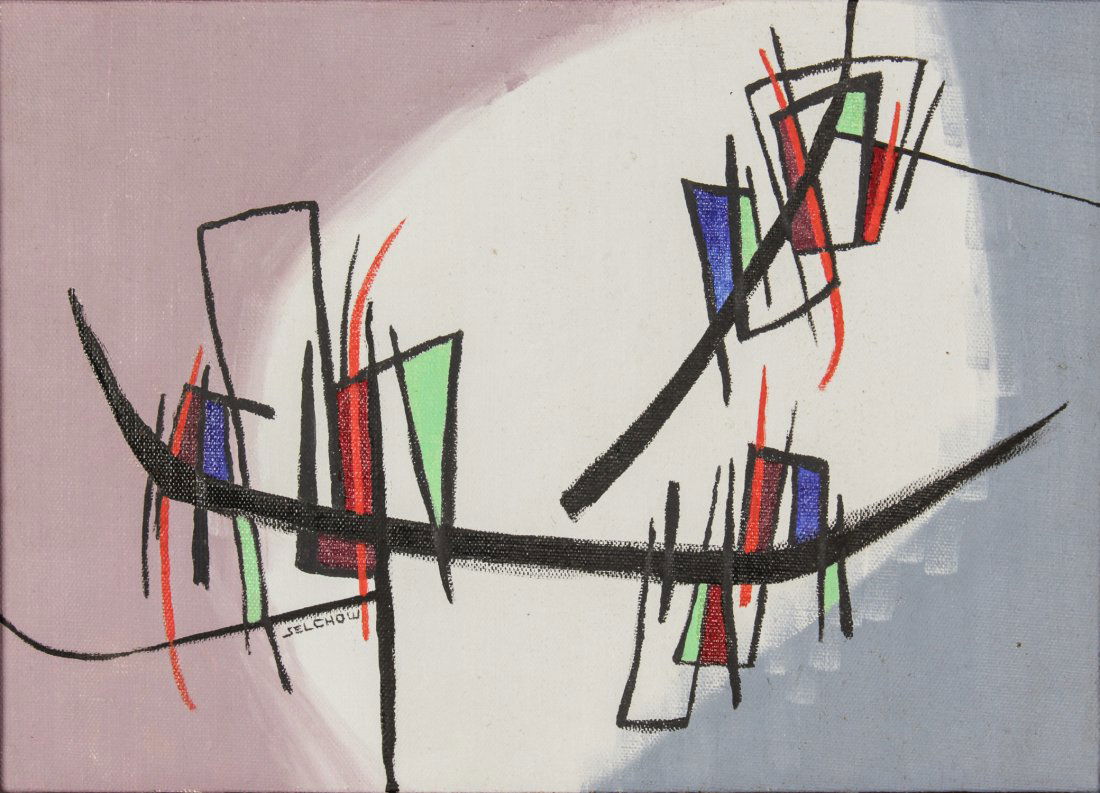 Roger Selchow, Abstract Painting: Roger Hoffman Selchow (American, 1911-1994), Untitled (Modernist Geometric Abstraction), oil on canvas. Size: 10" x 14", 25 x 36 cm (stretcher); 10.5" x 14.5", 27 x 37 cm (frame).