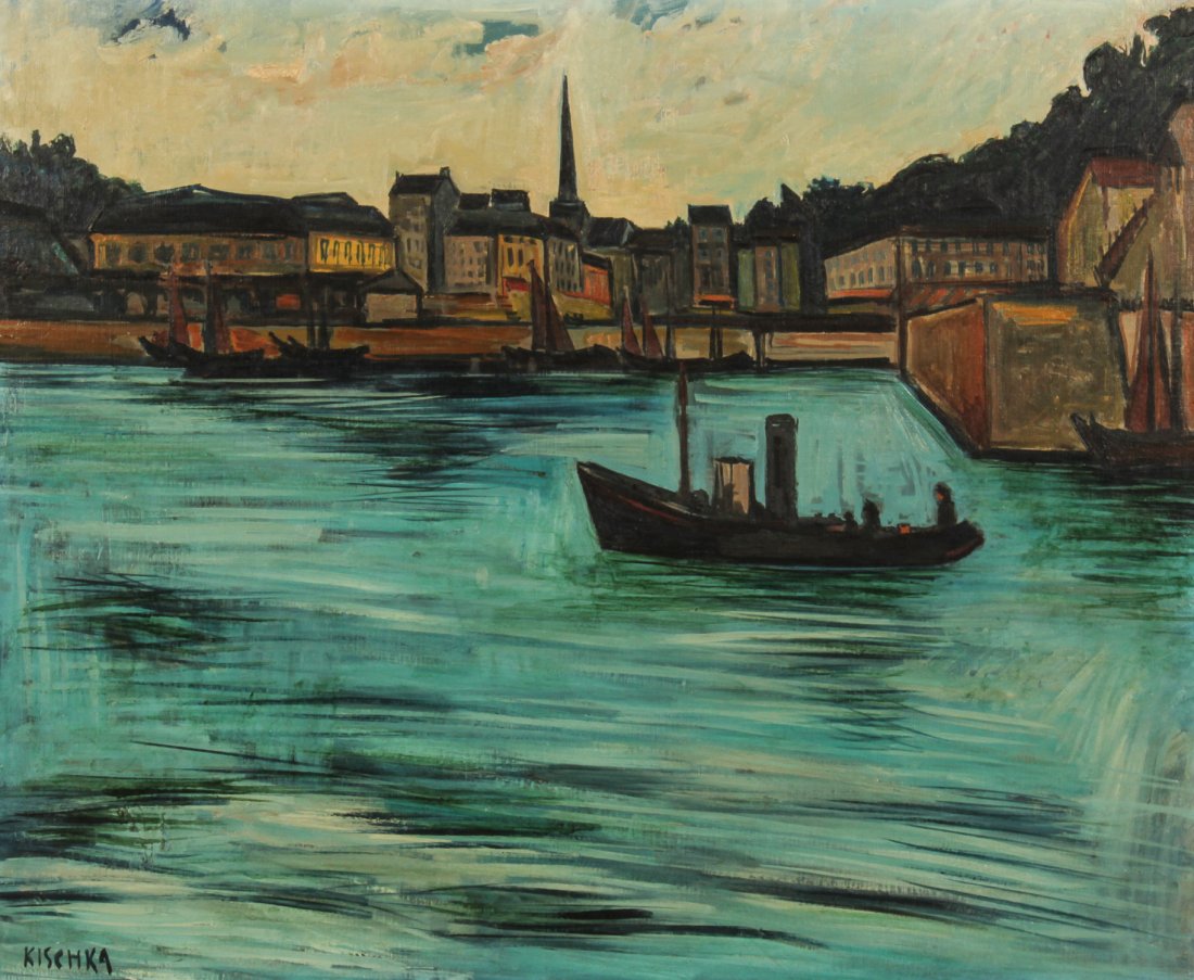 Isis Kischka, Harbor Scene: Isis Kischka (French, 1908-1974), Untitled (Harbor Scene), oil on canvas. Size: 23.5" x 28.5", 60 x 72 cm (stretcher); 32.75" x 37.75", 83 x 96 cm (frame).