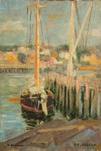 Arthur Merton, Hazard Harbor Scene: Arthur Merton Hazard (American, 1872-1930), Untitled (Harbor Scene), oil on canvas. Size: 14" x 9.5", 36 x 24 cm (board).