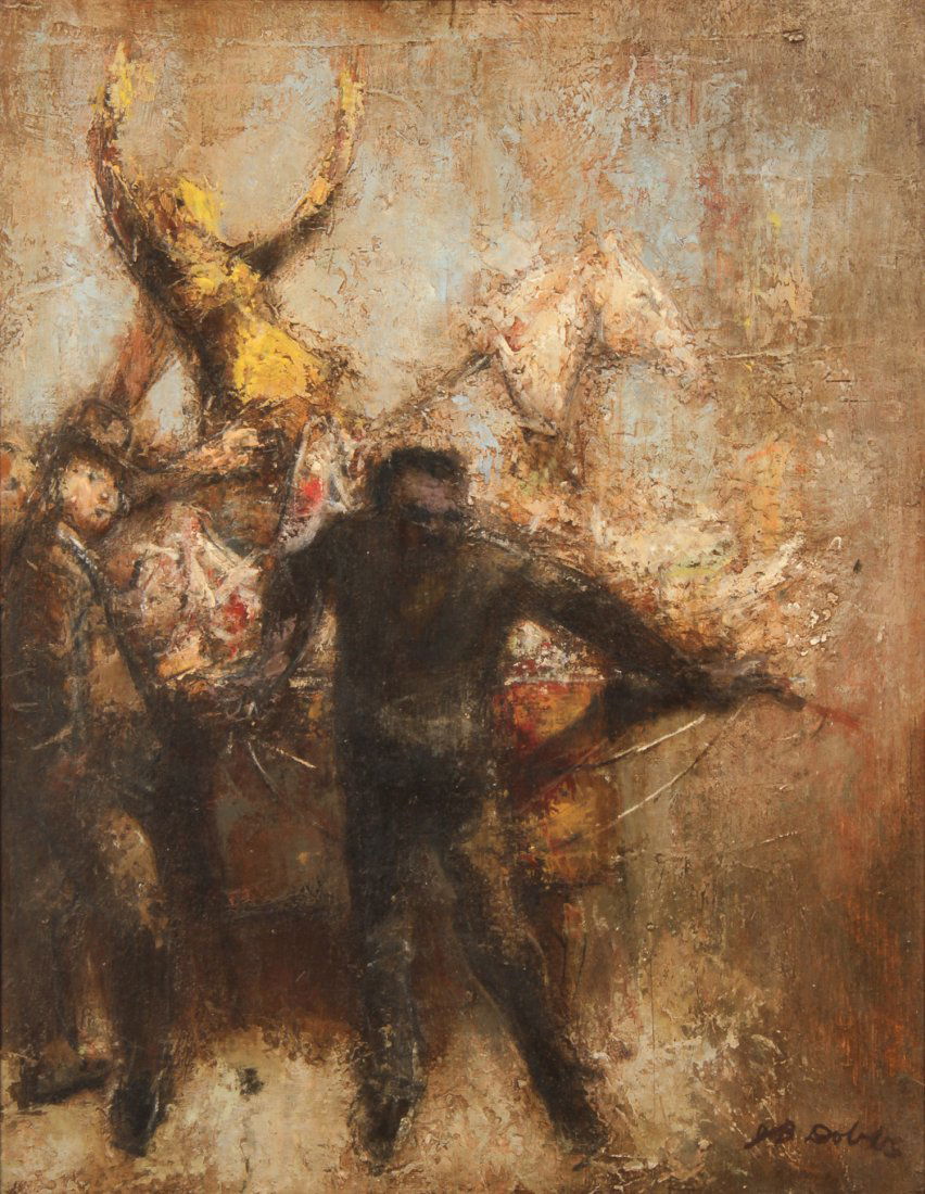 John Barnes Dobbs, Dixieland Rideout: John Barnes Dobbs (American, 1931), "Dixieland Rideout" (1st Study), oil painting. Size: 13.25" x 10.25", 34 x 26 cm (sight); 19.25" x 16.25", 49 x 41 cm (frame). Provenance: ACA Galleries, NY (label