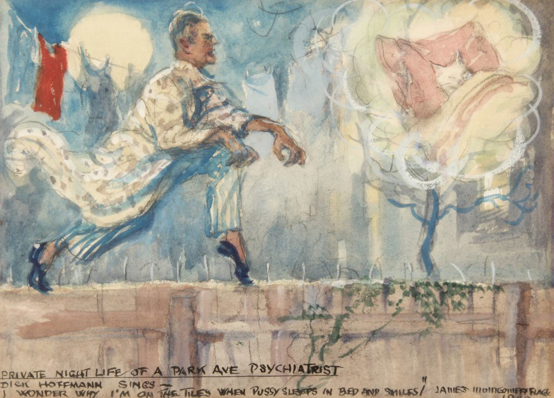 James Montgomery Flagg, Illustration: James Montgomery Flagg (American, 1877-1960), Original Illustration Art, "Private Night Life of a Park Ave Psychiatrist, Dick Hoffman Sings - I Wonder Why I'm on the Tiles when Pussy Sleeps in a Bed o