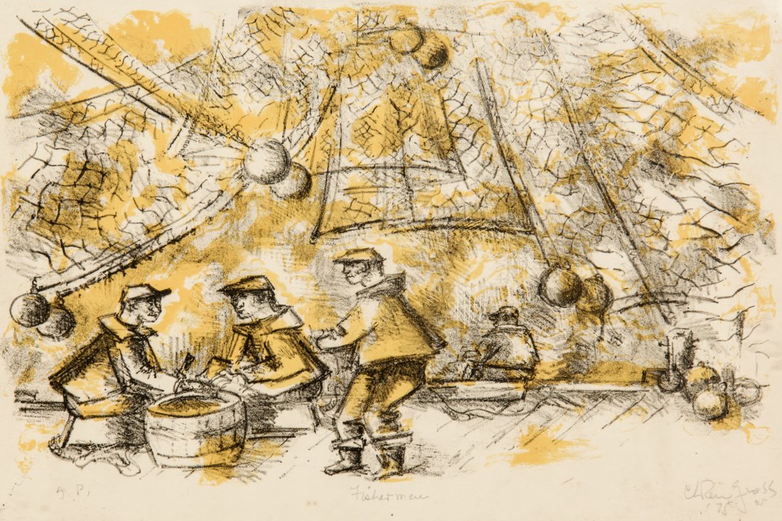 Chaim Gross, Lithograph: Chaim Gross (1904-1991), "Fisherman", 1975, lithograph, AP. Size: 15" x 22", 38 x 56 cm (paper); 15.25" x 22.25", 39 x 57 cm (frame).