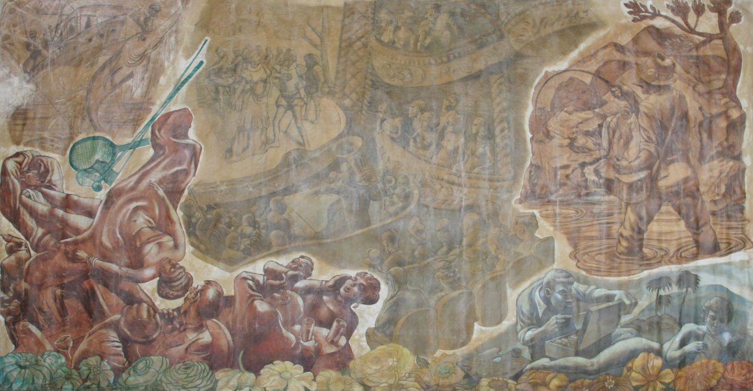 Grand WPA Style Mural: Grand WPA Style Mural. Depicting the world of sport and leisure. Size: 82" x 151" (208 x 384 cm). Provenance: Rochester, NY Estate.