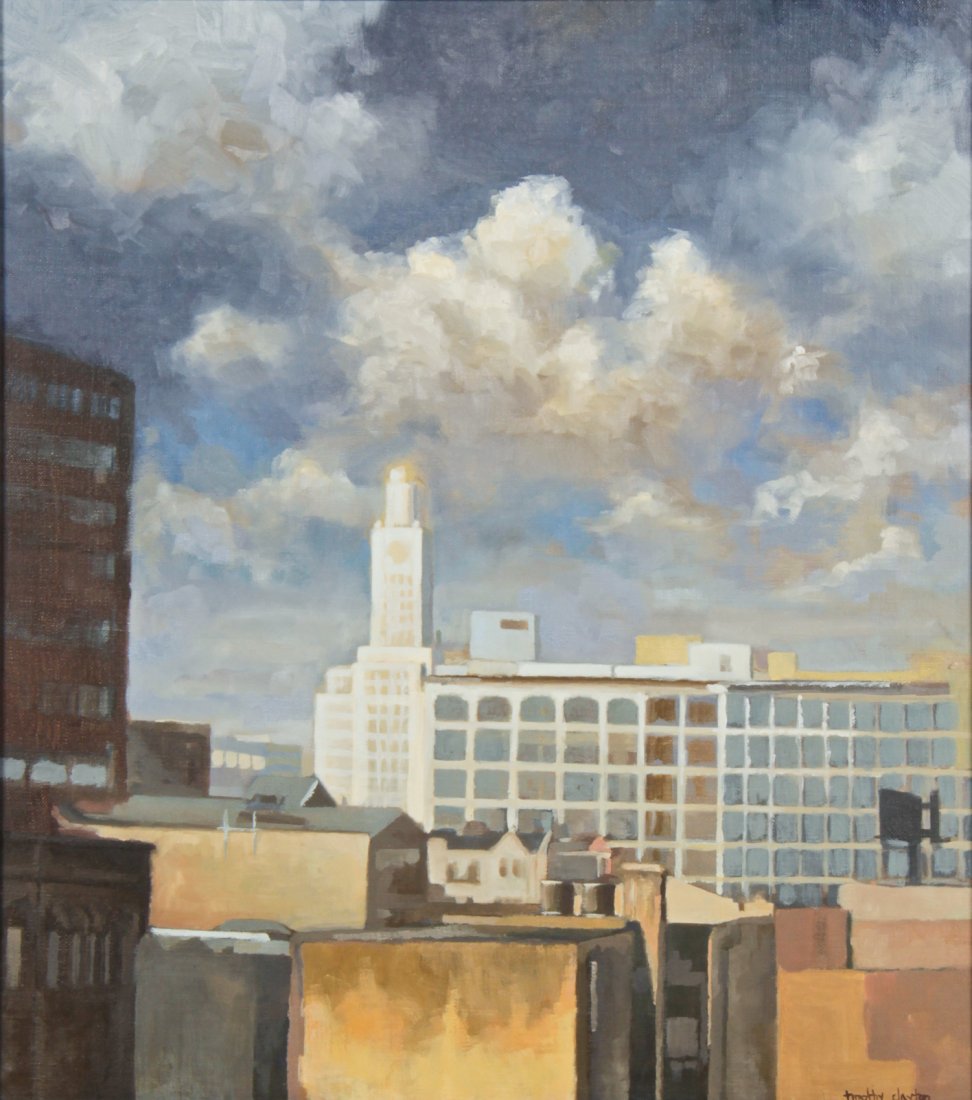 Timothy Clayton, Painting: Timothy Clayton (American, 20th c.), "Studio View" (Cityscape), oil on canvas. Size: 23.5" x 20.5", 60 x 52 cm (sight); 29.5" x 26.5", 75 x 67 cm (frame).