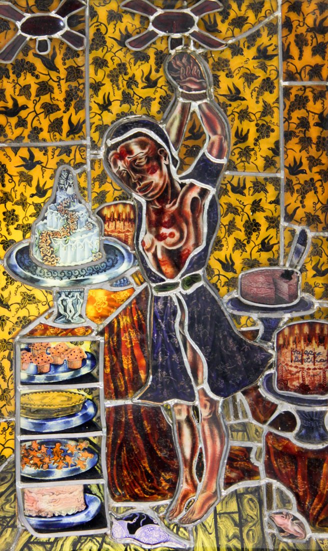 Judith Schaechter, Stained Glass: Judith Schaechter (Philadelphia, b.1961), "Sweets Kissed To Death", 1989, stained glass, with dovetailed oak frame/light box, electrified (needs rewiring). Size: 30" x 18", 76 x 46 cm (sight); 35" x 2