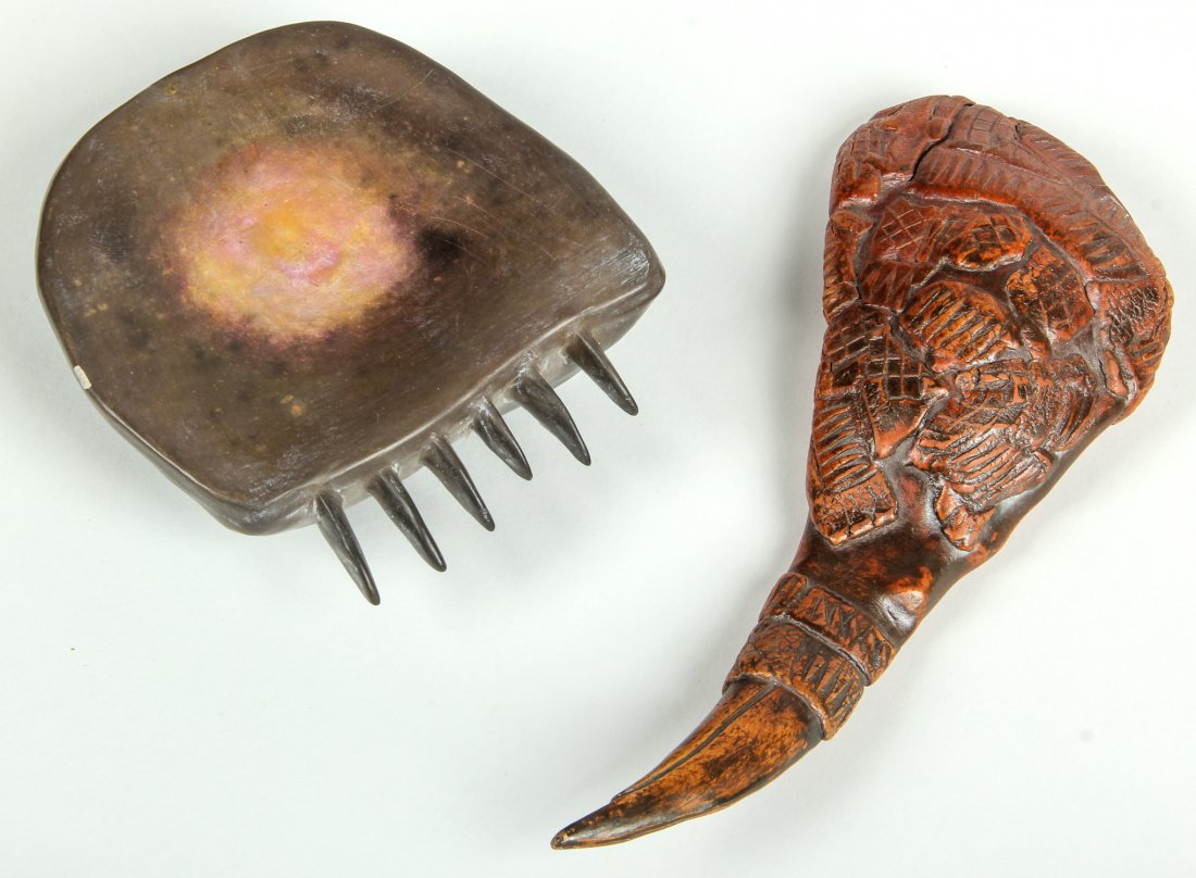 2 Ceramic Sculptures: Two Ceramic Sculptures by Unknown Artist (American/Graduate Student at Tyler School of Art, 20th c.). Sizes: 1) 1.5" x 5" x 5.5", 4 x 13 x 14 cm (bear paw); 2) 1.5" x 4" x 9", 4 x 10 x 23 cm (crow).