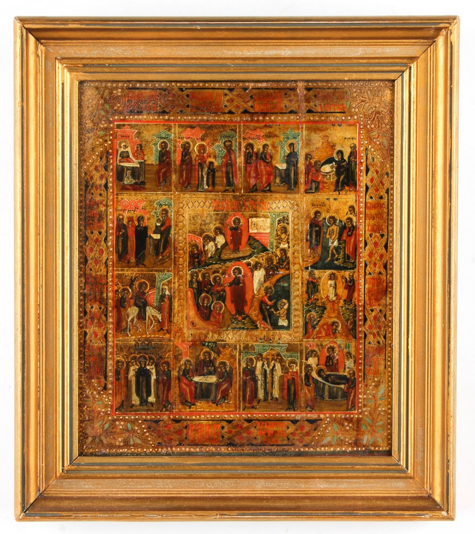 19th c. Russian Icon, 12 Feasts: 19th c. Russian Orthodox Icon, 12 Feasts, hand painted egg tempera and gesso on wood panel. Size: 11.75" x 10", 30 x 25 cm (sight), 15.5" x 14" x 2", 39 x 36 x 5 cm (frame).