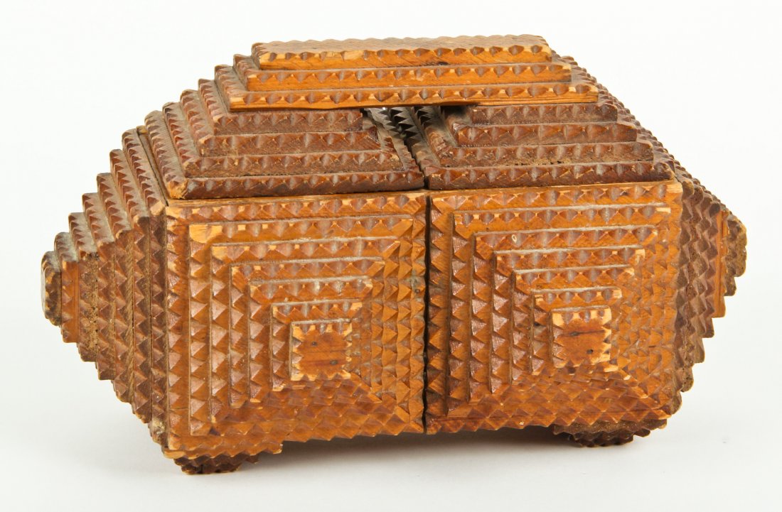 Tramp Art Box with Lid (American, 20th c.): Tramp Art Box with Lid (American, 20th c.) Carved wood, 6" x 10" x 6.5" Jonathan Demme Collection
