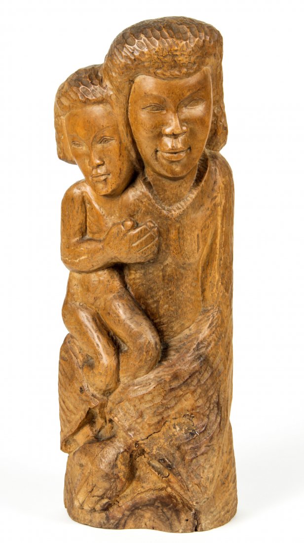 Rene Dimanche (Haitian, 20th c.): Rene Dimanche (Haitian, 20th c.) Mother and Child, dated 1961 Carved wood, 22.5" x 9" x 4.5" Jonathan Demme Collection