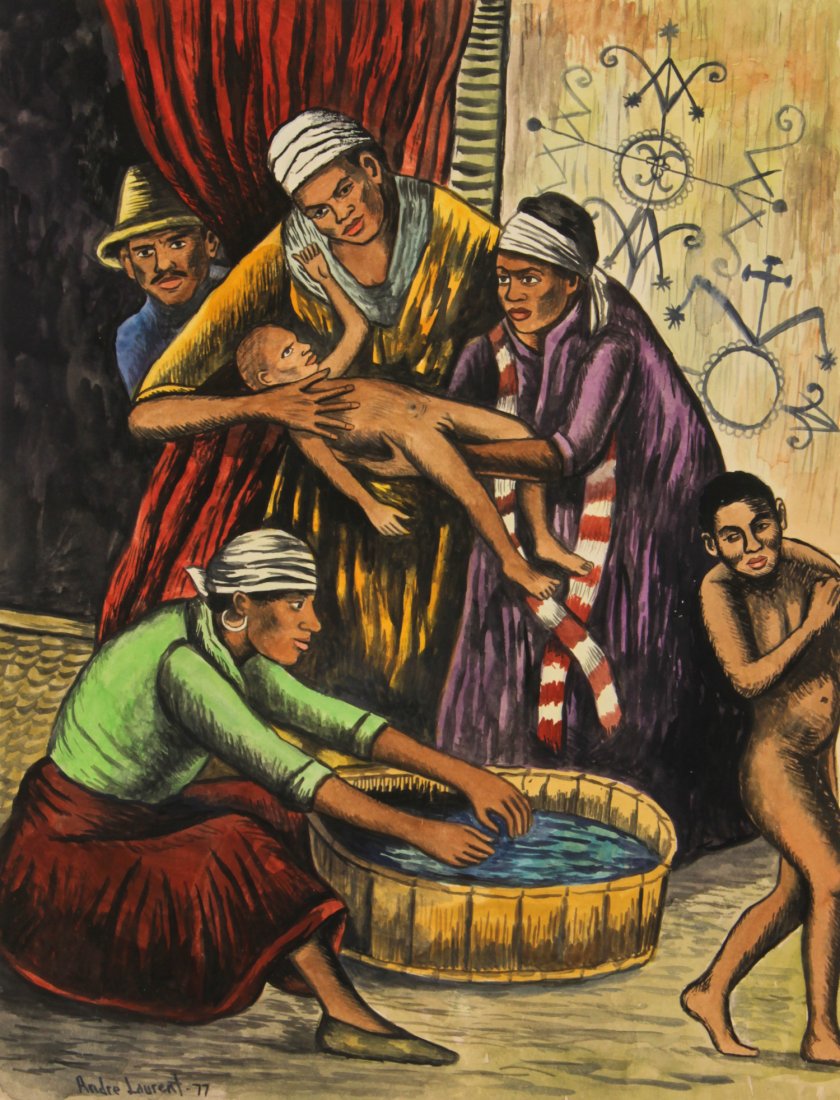 Andre Laurent (Haitian, 20th c.): Andre Laurent (Haitian, 20th c.)African Religion Practiced in Secret,During Days of Slavery in Haiti, dated 1977Watercolor on paper, 11.75" x 9"Jonathan Demme Collection