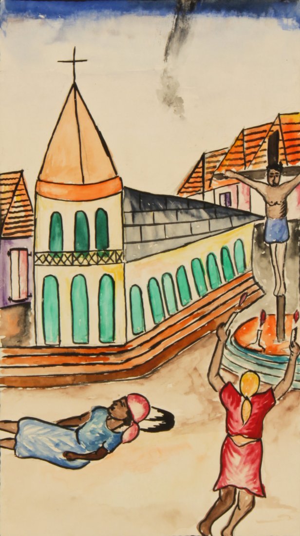 Unknown Artist (Haitian, 20th c.): Unknown Artist (Haitian, 20th c.) Prayer, c. 1960's Watercolor on paper, framed, 17" x 11" Jonathan Demme Collection